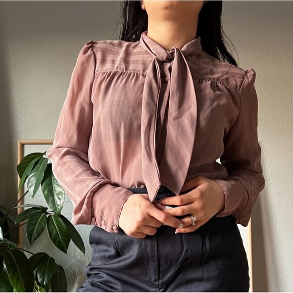 vintage 80s business casual sheer brown blouse long sleeve button down Medium - Picture 11 of 11